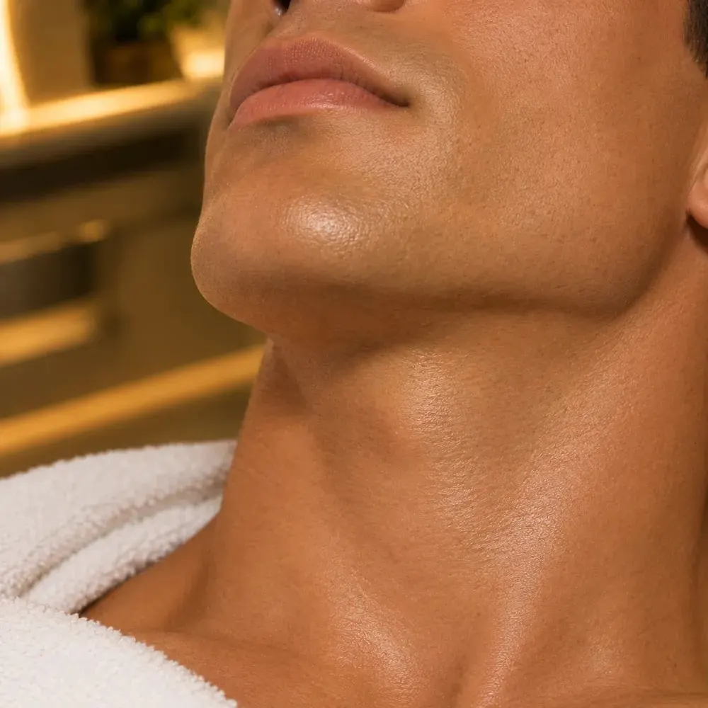 Close do queixo e pescoço masculino com pele lisa em sala de luz quente