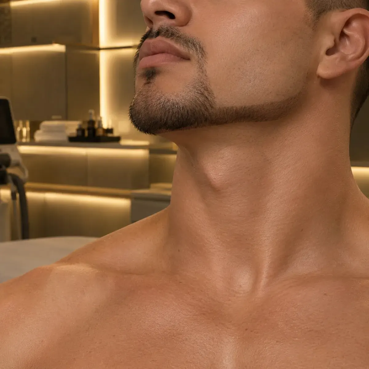 Contorno de barba masculina bem definido em sala de clínica com luz dourada