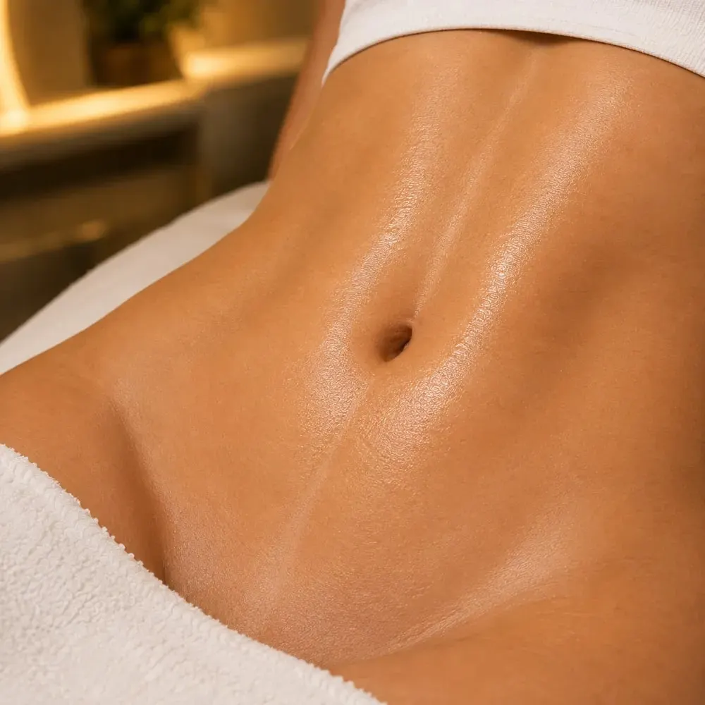 Abdômen feminino com pele lisa sobre maca com toalha creme