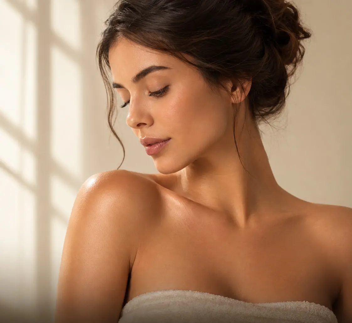 Mulher de perfil com ombros à mostra e toalha creme, em luz natural suave